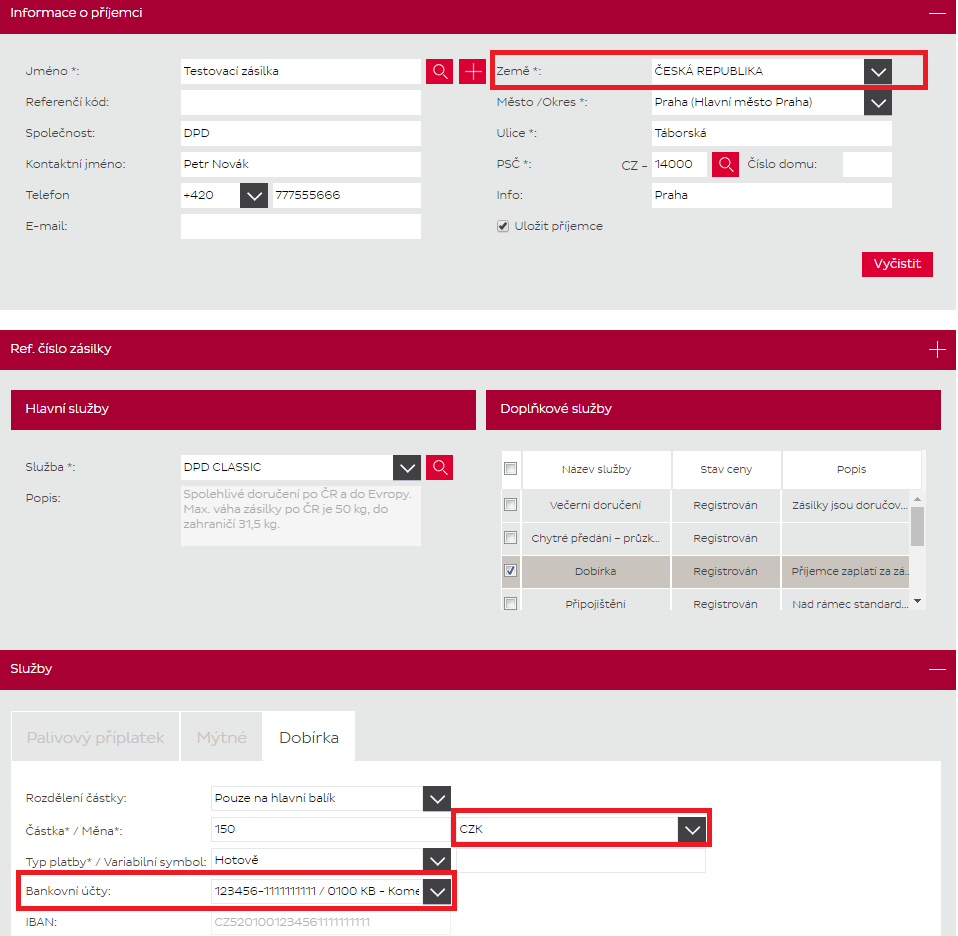 8 Zobrazení defaultního bankovního účtu podle země příjemce Pokud máte nastaven bankovní účet tak při vytváření nové zásilky jak ručním zadáním, tak importem dat se Vám zobrazí defaultní bankovní