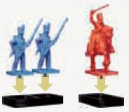 Vpravo: Jednotka jízdy. Jednotka jízdy se normálně skládá ze 3 figurek (včetně figurek koní), přičemž v každém podstavci je 1 figurka.