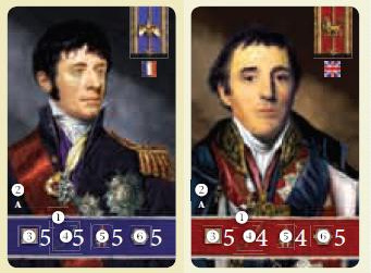 Příklad karty vrchního velitele 1) Barevný proužek: Ukazuje armádu daného vrchního velitele (modrá barva: Francie, červená barva: Anglie) 2) Identifikační písmeno: Jednoznačně identifikuje kartu