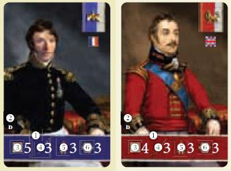 Příklad karty velitele skupiny jednotek 1) Barevný proužek: Ukazuje armádu daného velitele skupiny jednotek (modrá barva: Francie, červená barva: Anglie) 2) Identifikační písmeno: Jednoznačně