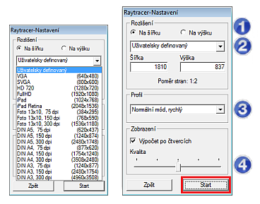 Raytracer Poprvé se dostanete přímo do dialogu Raytracer Nastavení. 1. Nastavte rozlišení pro tisk Vašeho návrhu. 2.