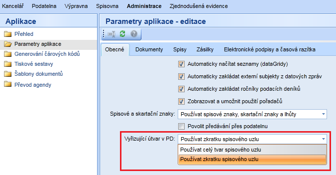 Pokud bude v Parametrech aplikace, v položce Vyřizující útvar v PD, nastaveno Používat celý tvar spisového uzlu, tak se v Podacím deníku, v kolonce Přiděleno komu/ kdy, bude zobrazovat celý tvar