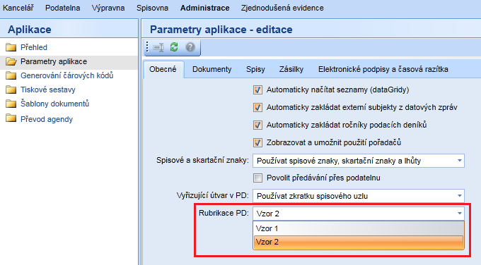 Pokud bude v Parametrech aplikace nastaveno Vzor 1, tak se v modulu Podatelna/ Přehled/ Podací deník, bude zobrazovat stávající (jako doposud) rubrikace podacího deníku.