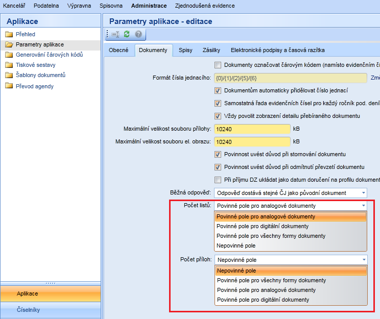 20. Počet listů/ počet příloh Modul Administrace/ Aplikace/ Parametry aplikace, záložka Dokumenty V Parametrech aplikace, na záložce Dokumenty, přibyly nové položky Počet listů a Počet příloh, ve