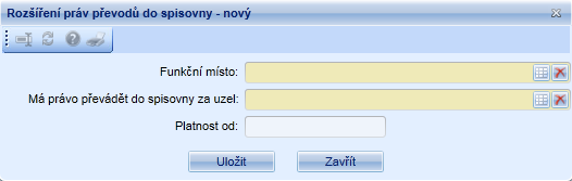 V položce Má právo převádět do spisovny za uzel, kliknutím na ikonu výběru ze seznamu spisových uzlů, se otevře okno Spisové uzly, kde lze vybrat spisový uzel.