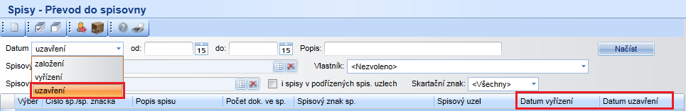 V modulu Kancelář, ve funkci Převody do spisovny Převod spisů, přibylo v rozbalovací nabídce Datum nové vyhledávací kritérium uzavření + došlo k rozdělení sloupce Datum vyřízení/uzavření sp.