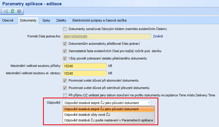 6. Běžná odpověď V modulu Administrace Přehled - Parametry aplikace záložka Dokumenty, přibylo nové pole Odpověď (viz. obr.