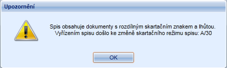 8.2. Kontrola skartačního režimu spisu při editaci vyřízeného/ uzavřeného spisu Modul Kancelář Spisy Nevyřízené/ Vyřízené Při změně spisového znaku, skartačního znaku nebo lhůty u vyřízeného/