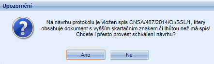 Kliknutím na tlačítko Ano dojde ke schválení návrhu protokolu Kliknutím na tlačítko Ne nenastane žádná akce.