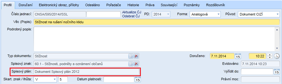 POZNÁMKA: Kontrola vkládání dokumentu do spisu a avízo na spisovně bude funkční, pouze pokud bude v modulu Administrace Přehled Parametry aplikace záložka Obecné nastaveno: o o Používat spisové