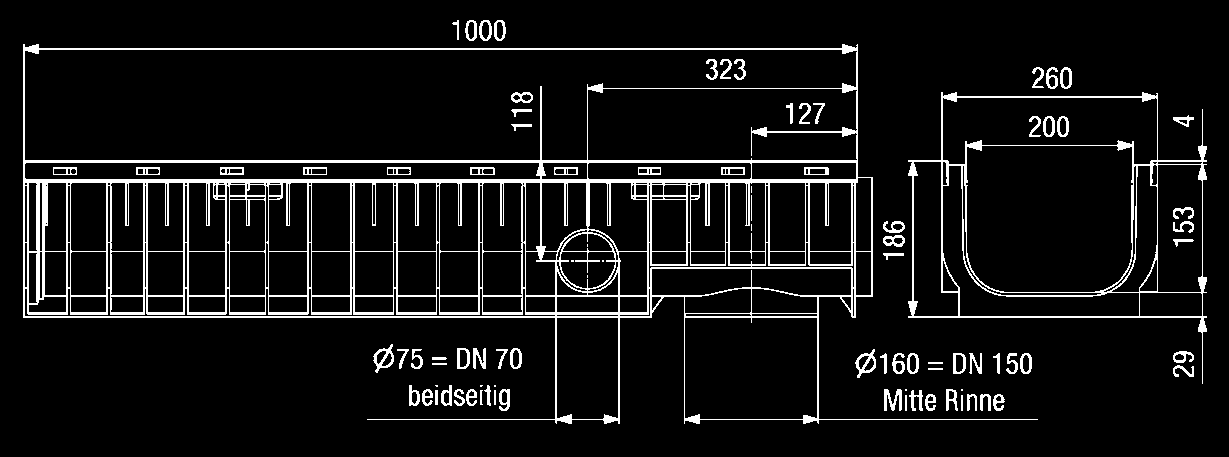 2 roky proti povrchové korozi 185/236 75 = DN 70 na obou stranách 160 = DN 150 32 Typ Délka Šířka Výška Hmotnost Objednací mm mm mm kg číslo Žlab RECYFIX-Standard Plus 200 s pozink.