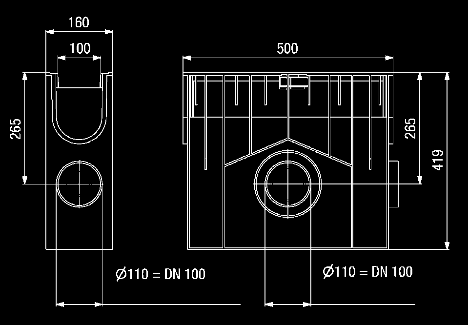 C 250, š. štěrbin 14 mm 500 160 433 40356 Vpust RECYFIX-Standard Plus 100, s pozink. ocel. rámem a štěrbin.