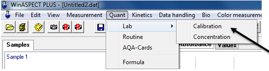 K vytvoření kalibrační křivky slouží položka Calibration, ke které se lze dostat cestou na položku Lab. přes kliknutí v menu na Quant a poté přejetím kurzoru myši.