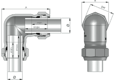 Svorné spojky z tvárnej liatiny WO Koleno, obojstranné uchytenie Pre oceľové rúry: IN EN 10255 (skôr IN 2440 / 2441), IN 2442 a IN 2448 / IN 2458 Séria 1, ISO 65 Média: Voda, plyn (mimo budovy),