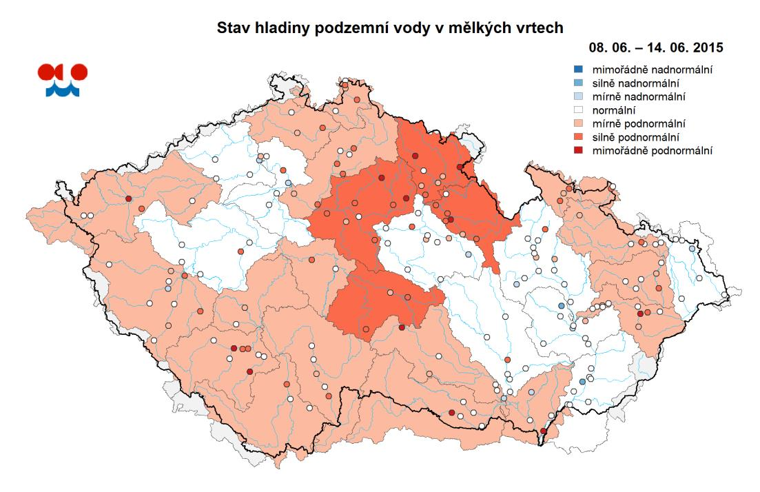 Mapa ukazuje vyhodnocení kategorie sucha ve sledovaných vrtech a oblastech povodí dle pravděpodobnosti překročení úrovně hladin v daném kalendářním měsíci v referenčním období 1981-2010 (viz text).