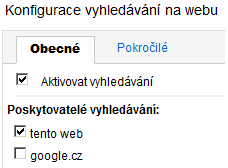 ve vlastním webu (zatrhnutím položky tento web) a nebo přímo v Googlu.cz. Pokud chce uživatel vyhledávání vypnout ze záhlaví webu, je potřeba odtrhnout položku Aktivovat vyhledávání.