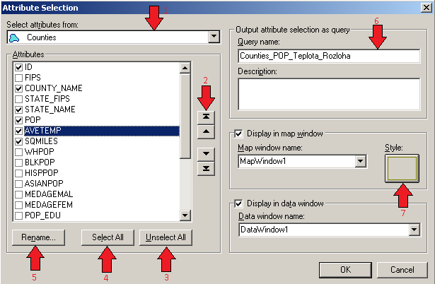 6 Výběr podle atributu Dialogové okno Obrázek 3 Dialog Box volby Attribute Selection 1. Jedná se o volbu, s čím budeme v této nabídce pracovat.