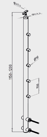 STĹPIKY 10-10-030 AISI 304 11-10-030 AISI 316 nerezový stĺpik určený pre kotvenie zboku - určený pre výplň piatich vodorovných nerezových prútov o priemere 10 mm na šikmé schodisko - pätka stĺpika