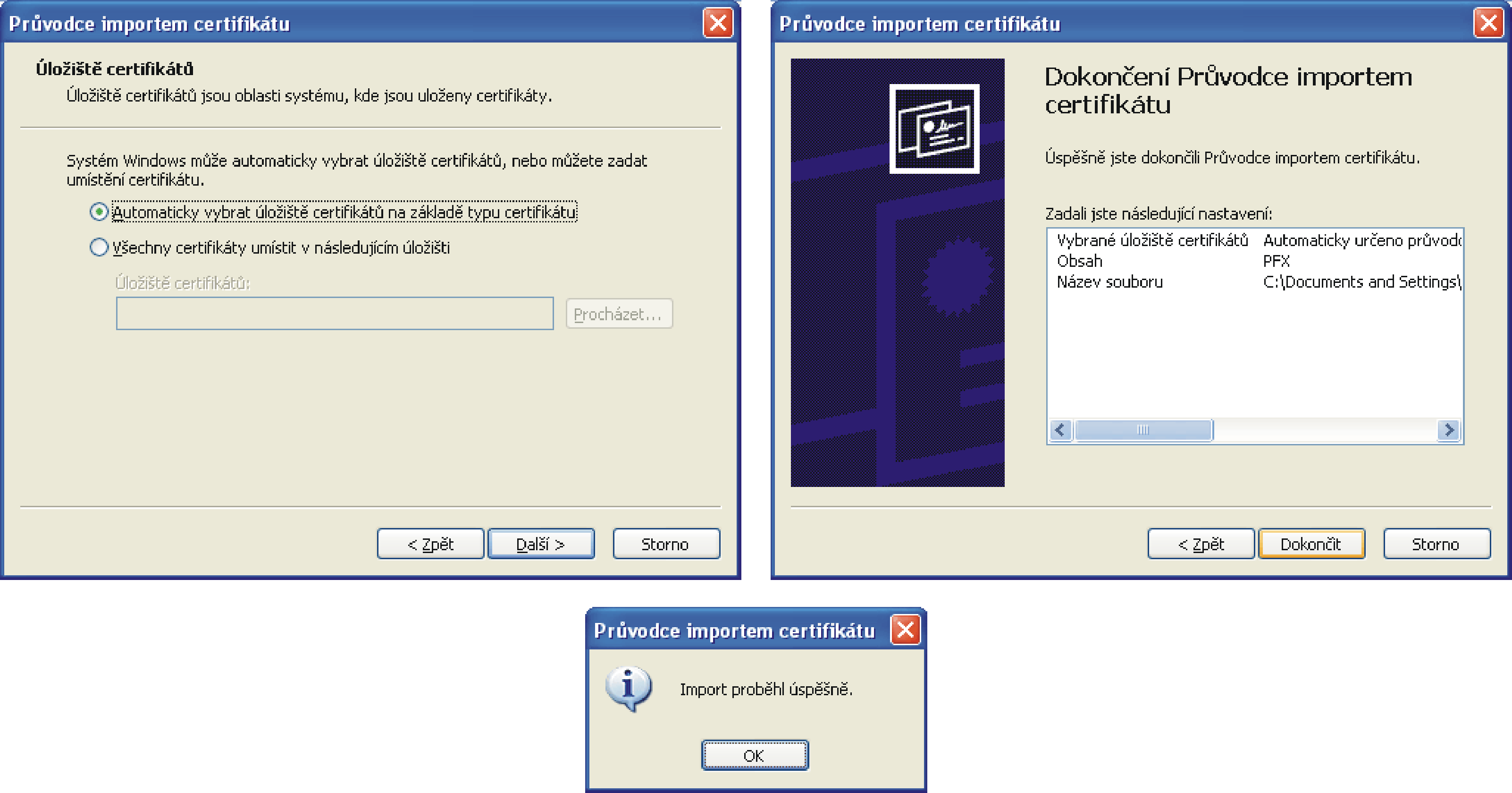 Po správně vloženém hesle necháme Automaticky vybrat úložiště certifikátů na základě typu certifikátu (obr.