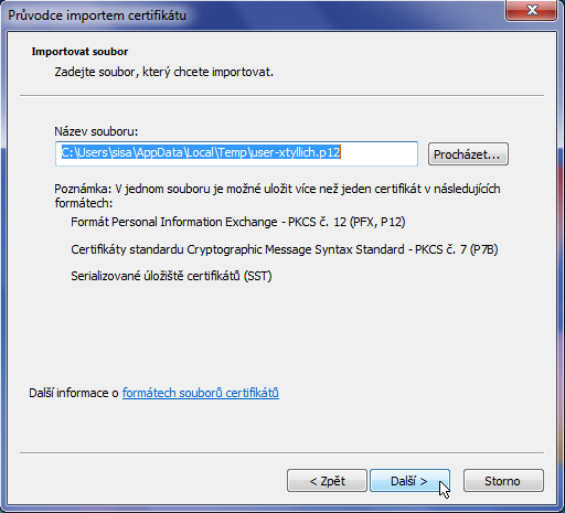 Dále import pokračuje výběrem souboru s certifikátem, který chceme importovat. Obr.