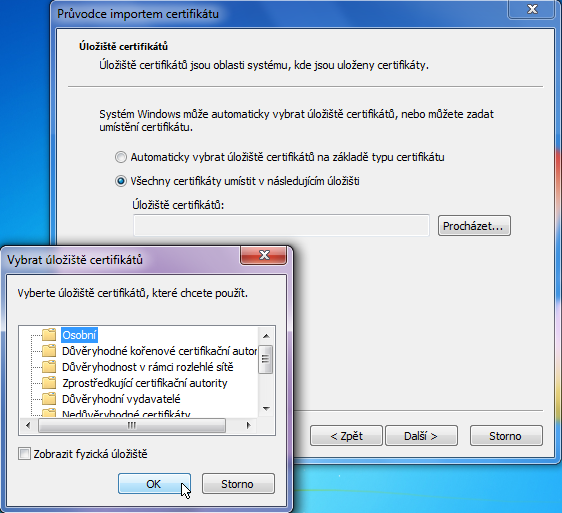 Na následující kartě doporučujeme stejně jako v případě kořenového certifikátu ručně vybrat Všechny certifikáty umístit v