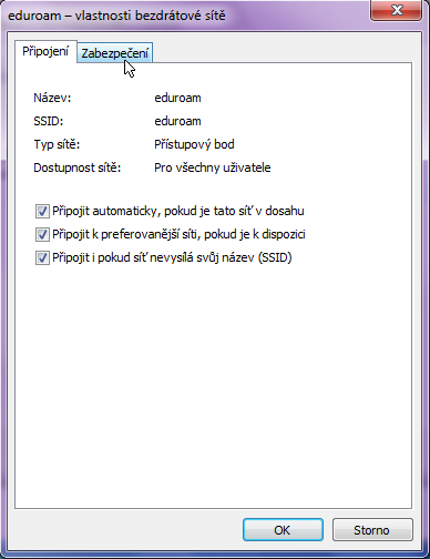 Ve vlastnostech bezdrátové sítě na kartě Připojení zkontrolujeme všechny údaje a zaškrtneme všechny tři uvedené volby.