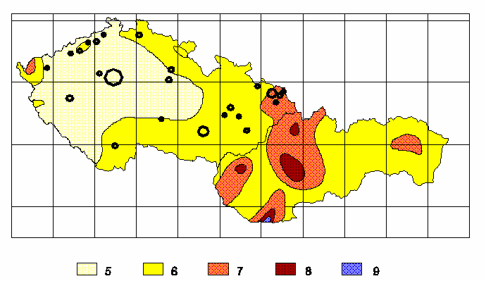 Obr. 26: Mapa epicenter zemětřesení na území ČR s intenzitou větší než 4 MSK 64 (Kukal, Z., Pošmourný, K.; 2005, obrazová příloha str. 4) Obr.