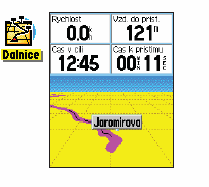 Stránka s navigační dálnicí Stránka poskytuje při navigaci na cíl jak grafické, tak datové informace. Čtyři základní datová pole (obr.