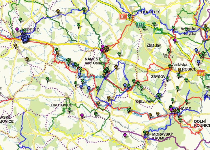 obr. 40: Okolí Dalešické přehrady (zdroj: www.geocaching.cz) Mapy jsou dostupné pouze po zaregistrování. V levé části ve sloupci Navigace je odkaz Mapa.