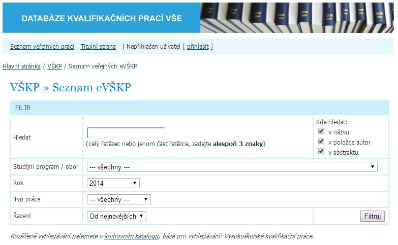 Obrázek 5 Filtr seznamu v Databázi kvalifikačních prací VŠE (45) Repozitář závěrečných prací Univerzity Karlovy v Praze Repozitář závěrečných prací Univerzity Karlovy v Praze (zkráceně UK) je