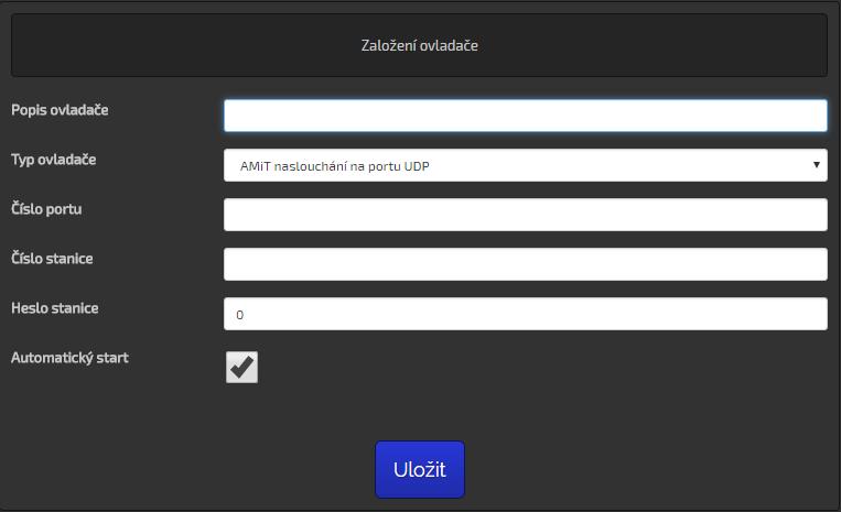 Obr. 23 Zobrazení údajů pro založení nového ovladače 1 Údaje ovladače 2 Tlačítko pro uložení parametrů nového ovladače Údaje ovladače: Popis ovladače uživatelská identifikace ovladače (zobrazuje se v