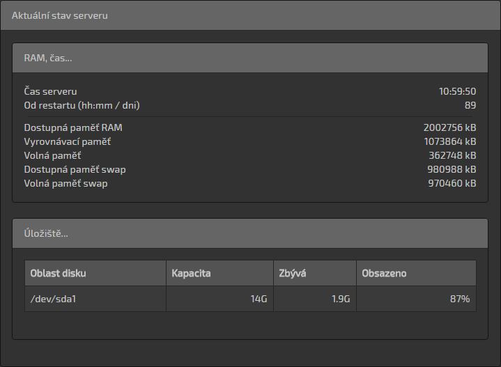 3.10.4 Panel s informacemi o stavu serveru Na tomto panelu lze nalézt informace o aktuálním stavu serveru (čas, čas od restartu, obsazení paměti, disku atd.). Obr. 103 Panel s informacemi o serveru 3.