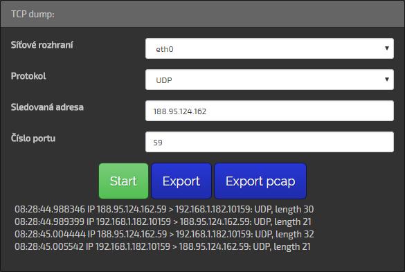 Obr. 105 Panel s příkazem Ping 1 Tlačítko pro vyslání příkazu Ping 2 Pole pro zadání IP adresy periferie, na kterou má být Ping proveden 3.10.7 Panel TCP DUMP Na tomto panelu lze využít funkce software TCPdump, který slouží pro odchyt komunikace na ethernetovém rozhraní serveru, kde je provozován systém LookDet.