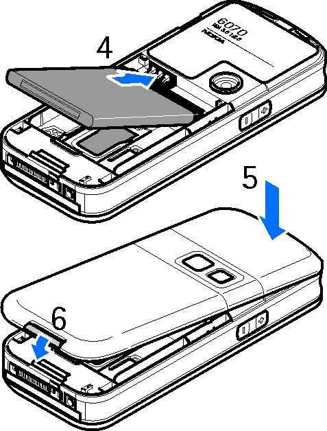 Vlo¾te baterii (4). Dejte pozor na správnou polohu kontaktù baterie. V¾dy pou¾ívejte pouze originální baterie Nokia. Viz Pokyny k ovìøení pravosti baterií na str. 98.