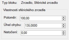 4.1 Rovinné zrcadlo Obrázek 8 Editace Rovinného zrcadla Obrázek 9 - Rovinné zrcadlo Na obrázku 8 jsou vidět pole pro zadávání atributů rovinného zrcadla.