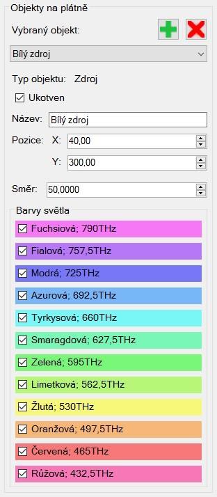 4.3 Editace zdroje Zdroj má navíc atributy směr a barvy světla. Směr určuje směr, kterým zdroj vysílá svůj paprsek. Barvy světla jsou zaškrtávací políčka.