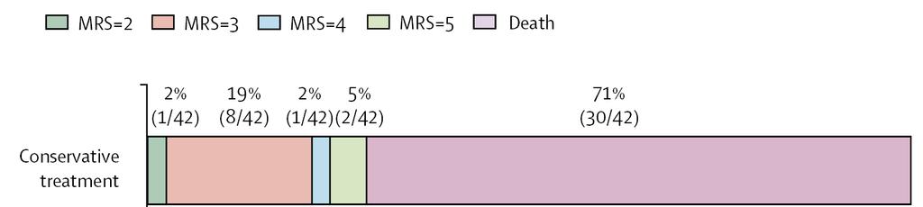 OUTCOME: primární endpoint mrs 0-4 po 1 roce 75 % operovaných vs. 25 % kontrol sekundární endpoint mrs 0-3 po 1 roce 43 % operovaných vs. 21 % přežití: 78 % operovaných vs.
