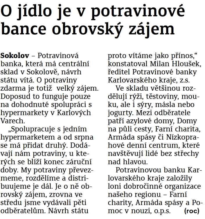 Chebský deník O jídlo je v potravinové bance obrovský zájem 16.6.2016 Chebský deník str.