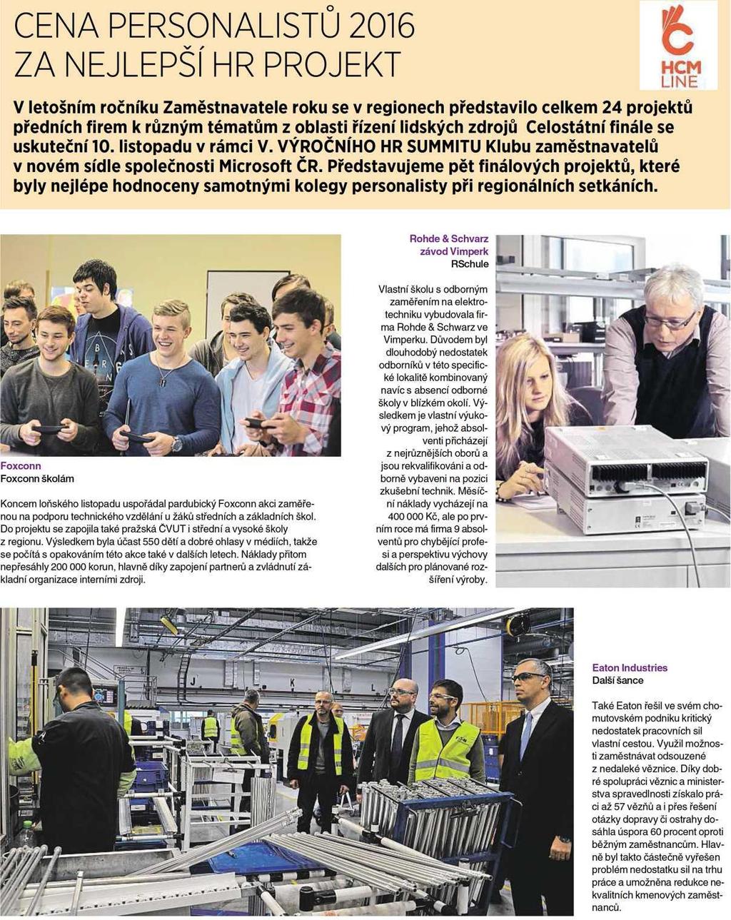 CENA PERSONALISTŮ 2016 ZA NEJLEPŠÍ HR PROJEKT 15.6.2016 Mladá fronta DNES str.