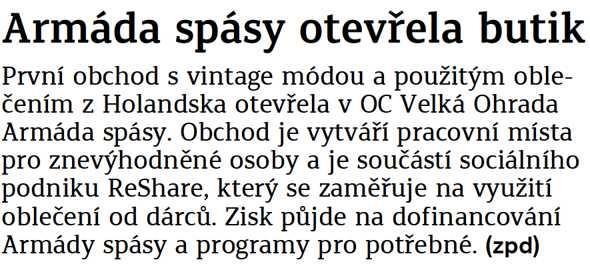 Pražský deník Armáda spásy otevřela butik 13.6.2016 Pražský deník str.