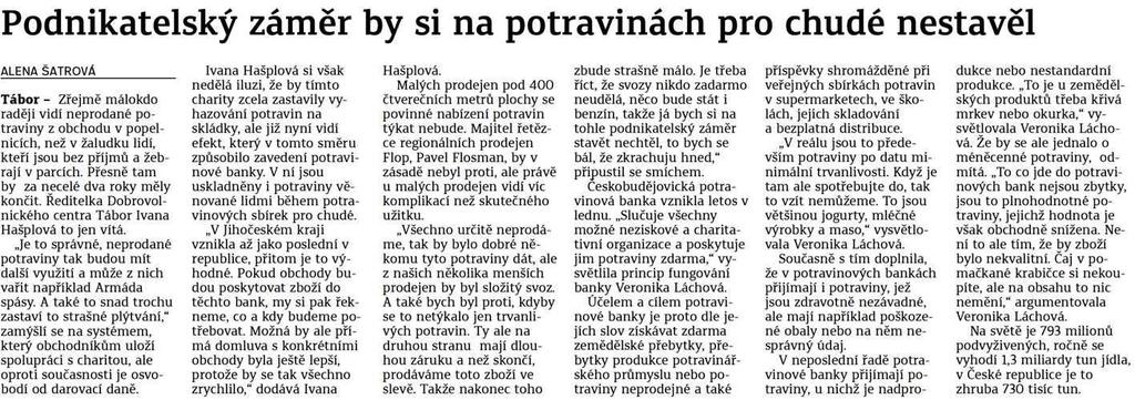 Táborský deník Podnikatelský záměr by si na potravinách pro chudé nestavěl 16.6.2016 Táborský deník str.