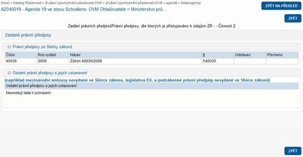 Detail oznámení/ působnosti Detail agendy více obrazovek údaje jen pro čtení Zadání právních předpisů PP jsou obecně rozděleny na PP