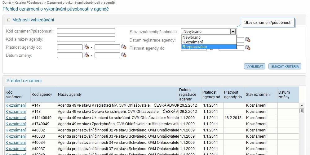 Oznámení o vykonávání působnosti v agendě Přehled zobrazeny pouze stavy K oznámení a Rozpracováno záznamy v tabulce lze