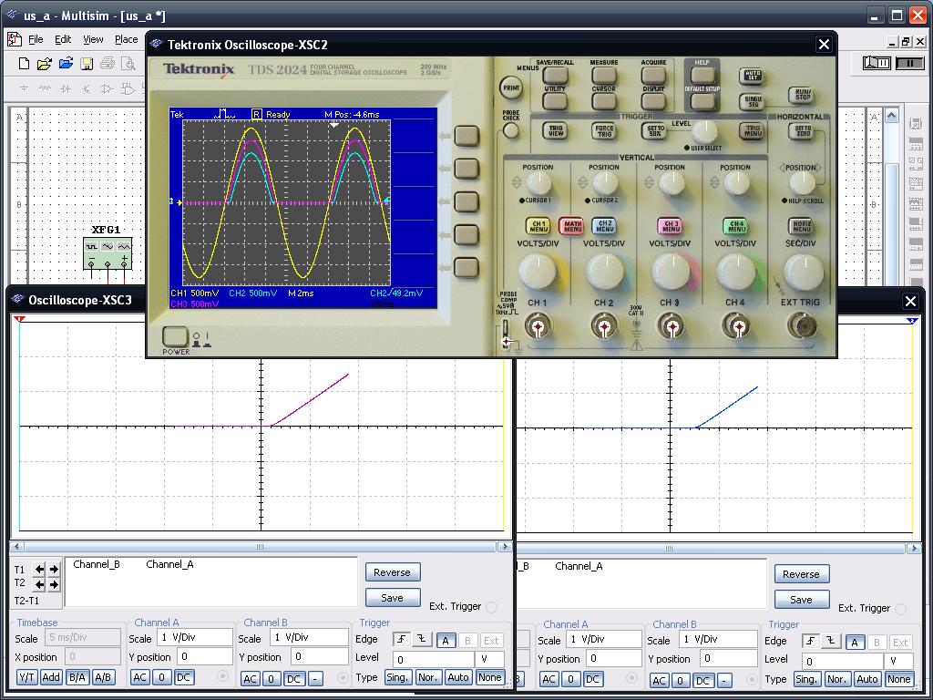 Měření: Obrázek 19: Jednocestný diodový usměrňovač - Multisim NI 10 V simulačním programu jsme zobrazili vstupní a výstupní napětí pomocí osciloskopu Tektronix.