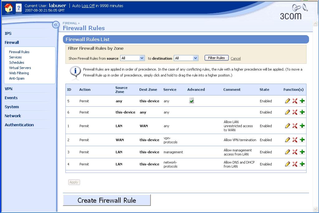 Pořadí pravidel firewallu Obrázek 14 (stránka Firewall Rules) Firewall pravidla jsou zpracovaná po pořádku podle priority. Firewall použije první pravidlo, které odpovídá kategorii provozu v žádosti.