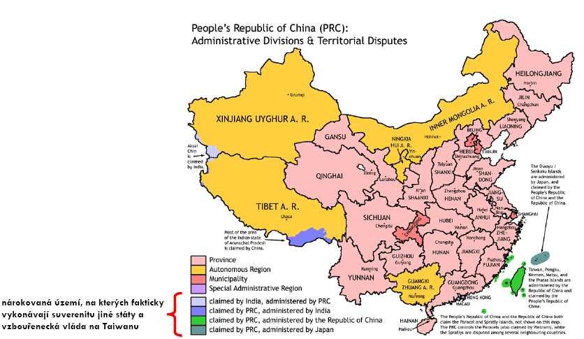 38 Obr. 8 Území Číny z pohledu vlády Čínské lidové republiky Tatáž situace je z pohledu vlády v Tchaj-peji, která se hlásí k hranicím Číny z počátku 20.