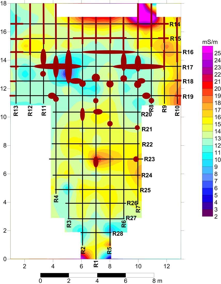 Obr. 11. Výsledek radarového měření na profilu R19 v interiéru kostela ( raw data ). Celkové výsledky radarových průzkumů uvnitř kostela jsou součástí interpretačního schématu (obr. 12).