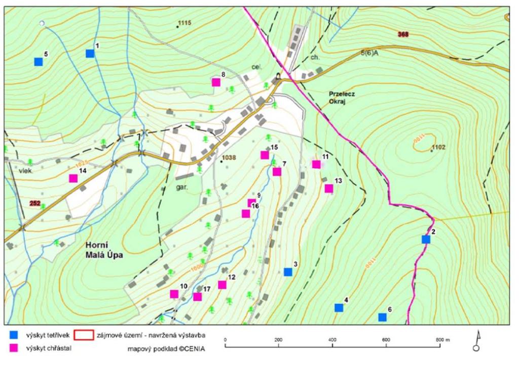 Obr. 7: Lokalizace známého výskytu chřástala polního (růžové body s číselným označením) a tetřívka obecného (modré body) v okolí
