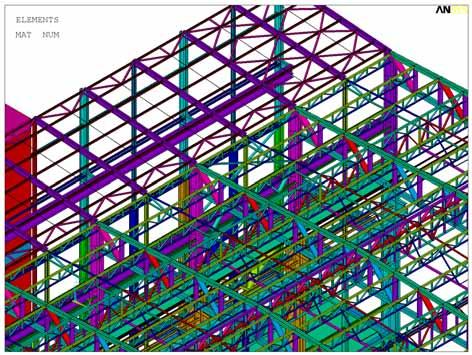 3 Ukázka komplexnosti a detailnosti modelu - části ocelových konstrukcí Úplný výpočtový model celé skupiny objektů byl sestaven s použitím celkem 134983 prvků, lokalizovaných 133270 uzly s 427442